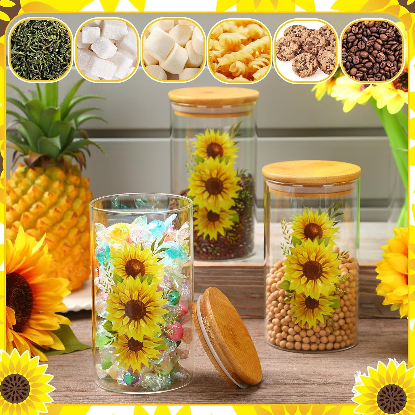 3 Pcs Sunflower Glass Canister Set Clear Lemon Kitchen Storage Jars with Airtight Bamboo Lid for Coffee Bean Cookie Candy Tea Flour Farmhouse Home Countertop 24oz