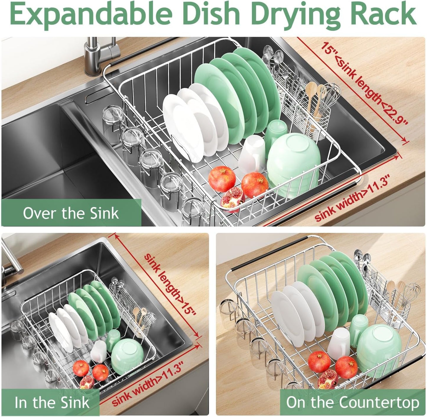 Dish Drying Rack in Sink, Extendable Stainless Steel Dish Drainers for Kitchen Counter
