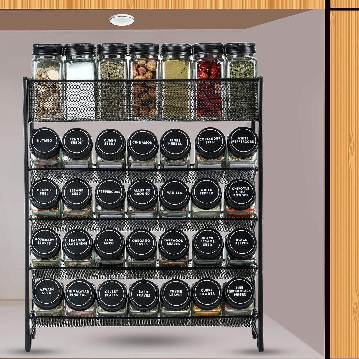 Spice Rack Organizer with 28 Spice Jars, Black Lids，Spice Labels