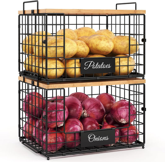 Pantry Organizers and Storage, 2 Set XXL Stackable Wire Baskets with Wooden Tops & Tags