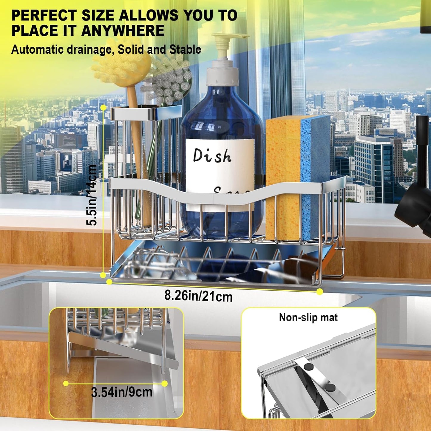 Maifan Sink Caddy Sponge Holder for Kitchen with Brush Holder and Stainless Steel Self Drain Tray