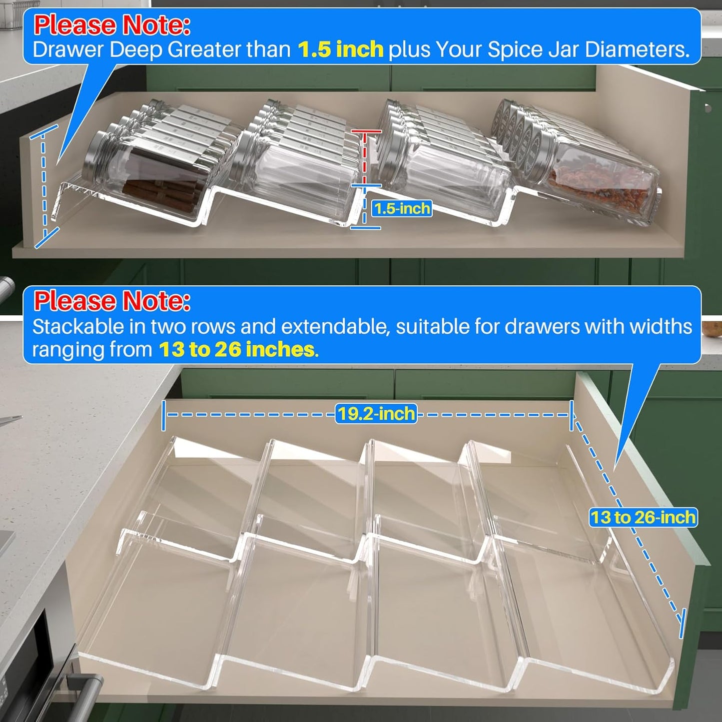 Spice Drawer Organizer, 4 Tier- 8 Pack Kitchen Spice Rack Tray for Drawer