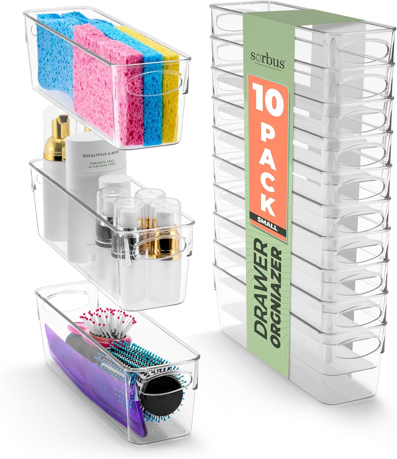 Small Clear Plastic Storage Bins for Organizing, 10 Pack Clear Organizer Bins with Handles