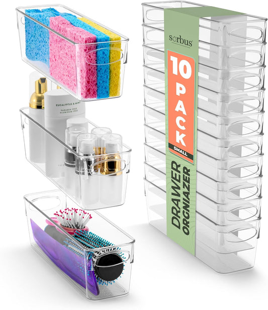 Small Clear Plastic Storage Bins for Organizing, 10 Pack Clear Organizer Bins with Handles