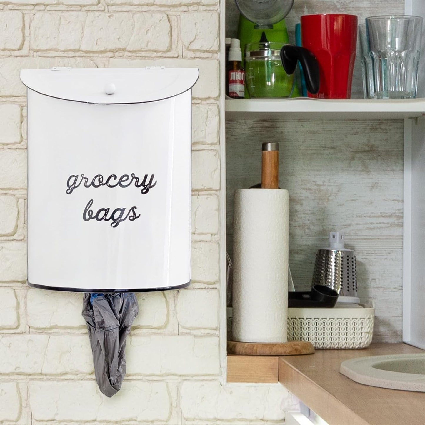 Rustic Grocery Bag Holder; Wall-Mounted Vintage Enamelware Farmhouse Style Plastic Bag Dispenser for Kitchen or Laundry Room
