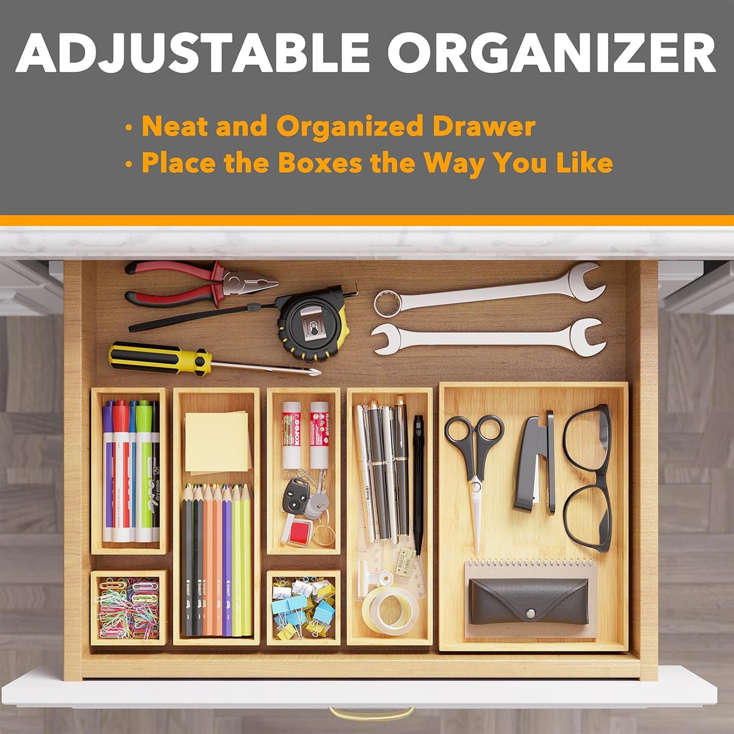 7-Piece Bamboo Drawer Organizer Storage Boxes Set