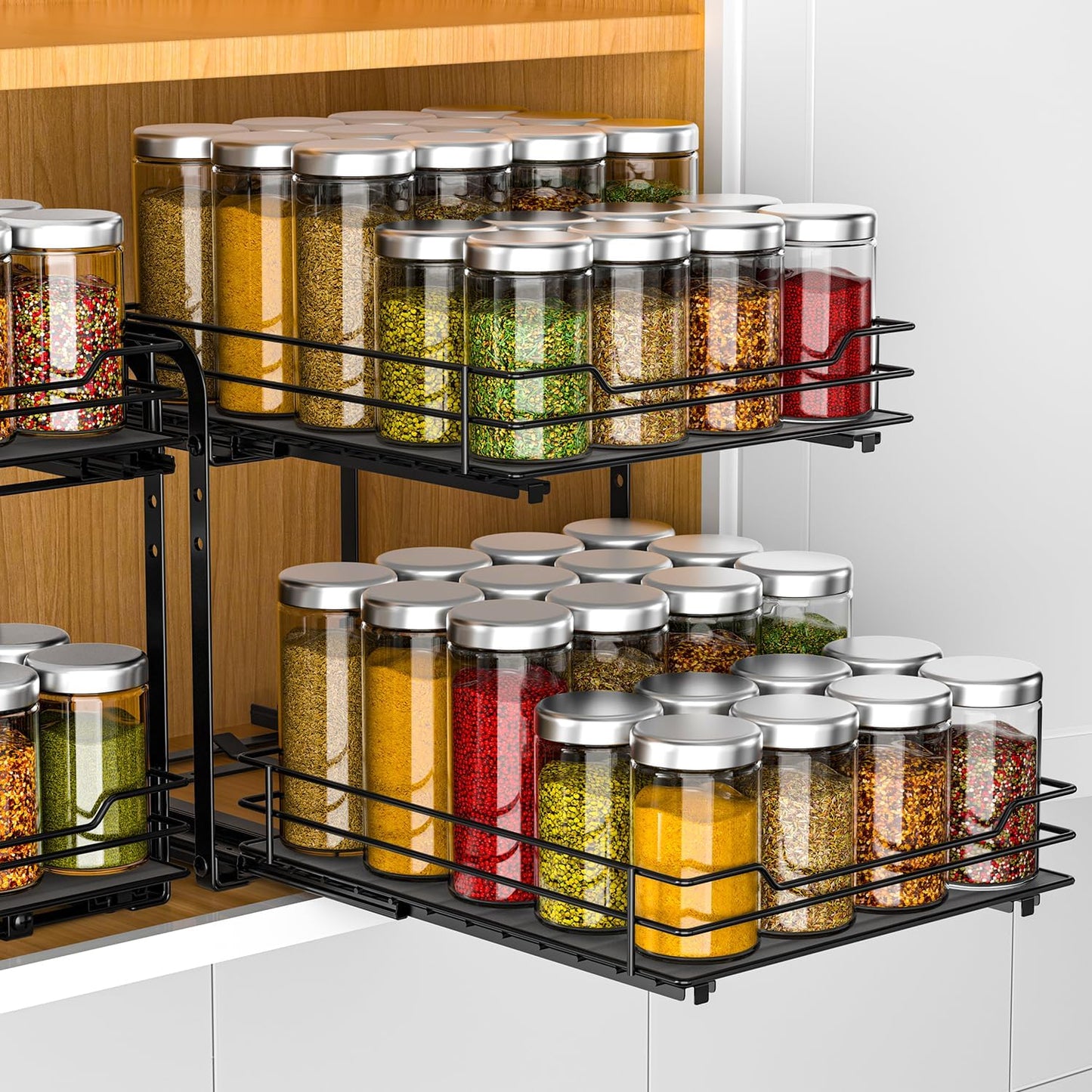 Spice Rack Organizer for Cabinet, 2 Tier Pull Out Spice Racks for Inside Cabinets & Pantry