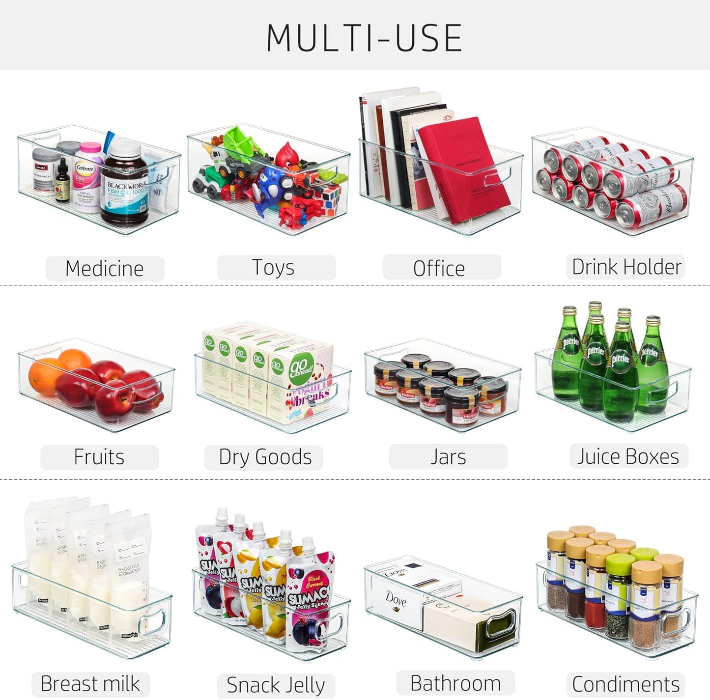 8 PACK Freezer Organizer Bins Stackable Pantry Organizers and Storage Clear Plastic Acrylic Storage Container for Kitchen Pantry Refrigerator