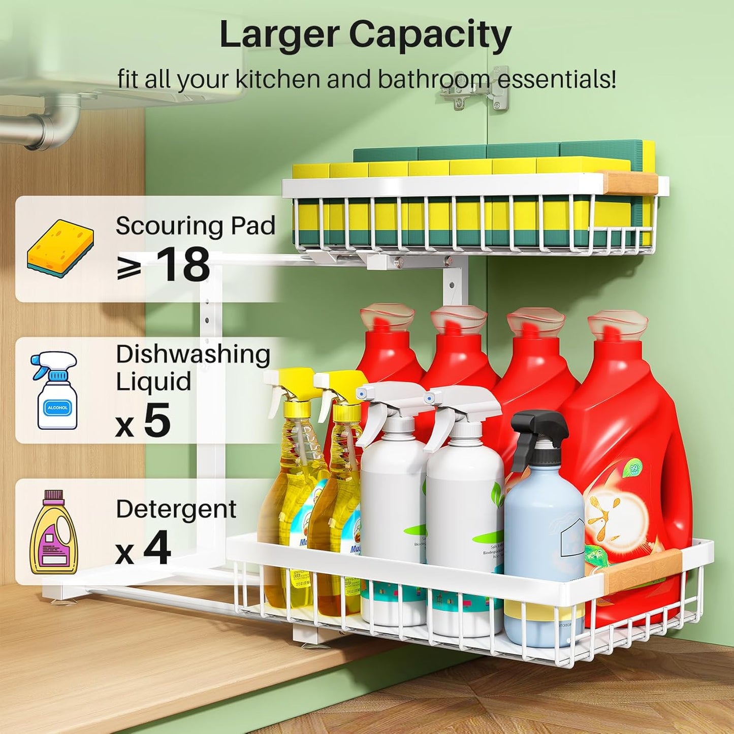Under Sink Organizer, 2 Tier Under the Sink Storage, Slide out Pull out Cabinet Organizer Shelf