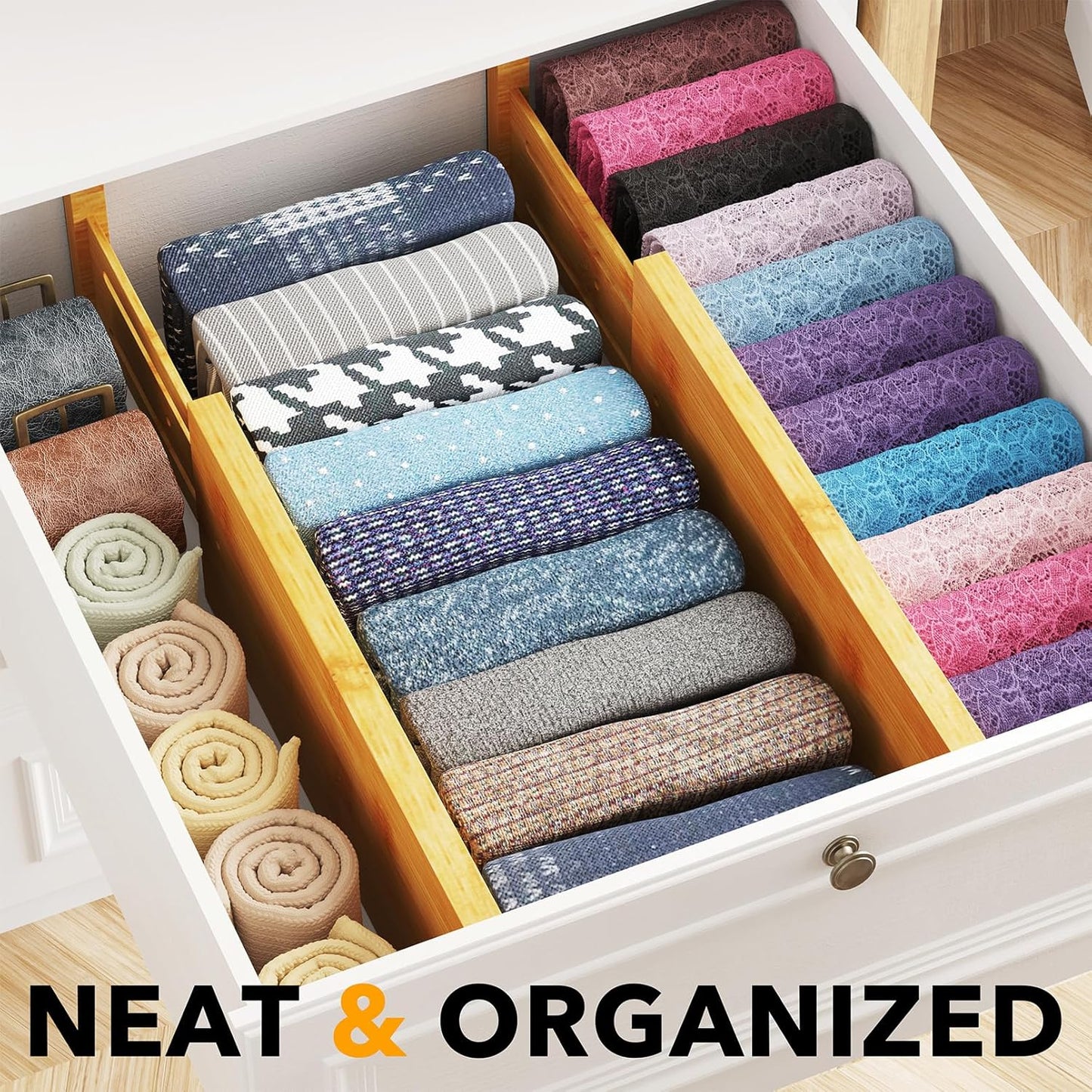 Bamboo 4 Pack Dresser Drawer Dividers, 4.65“ High Adjustable 12.5“-17” Drawer Organizers