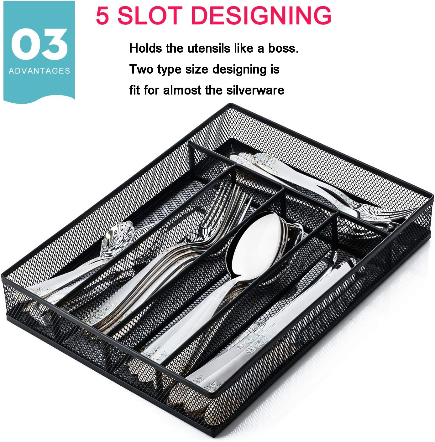 Utensil Drawer Organizer, Cutlery Tray Silverware Flatware Storage Divider for Kitchen