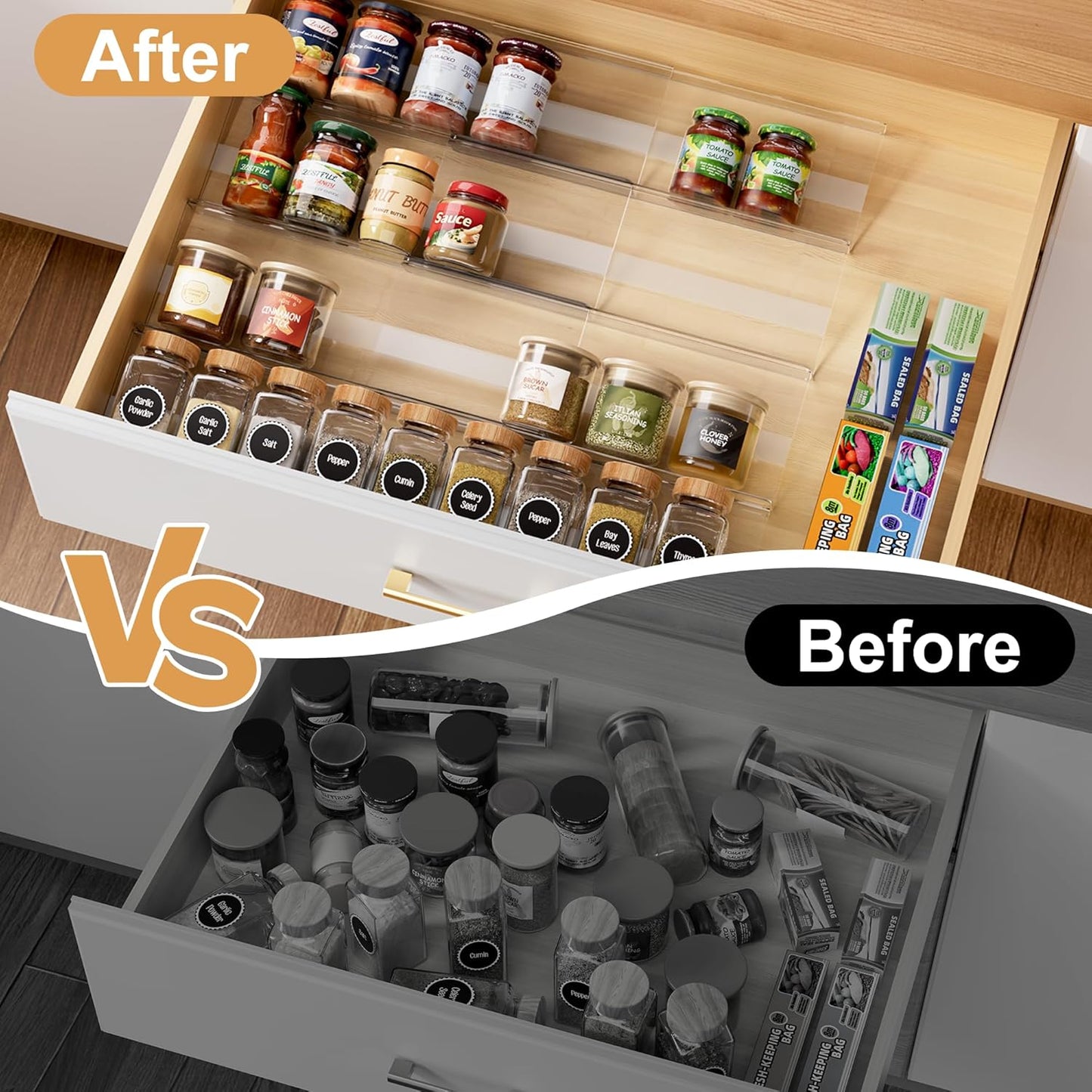 8-Pack Spice Drawer Organizer, Expandable Acrylic Seasoning Rack (13" to 26") with Anti-Slip Mat
