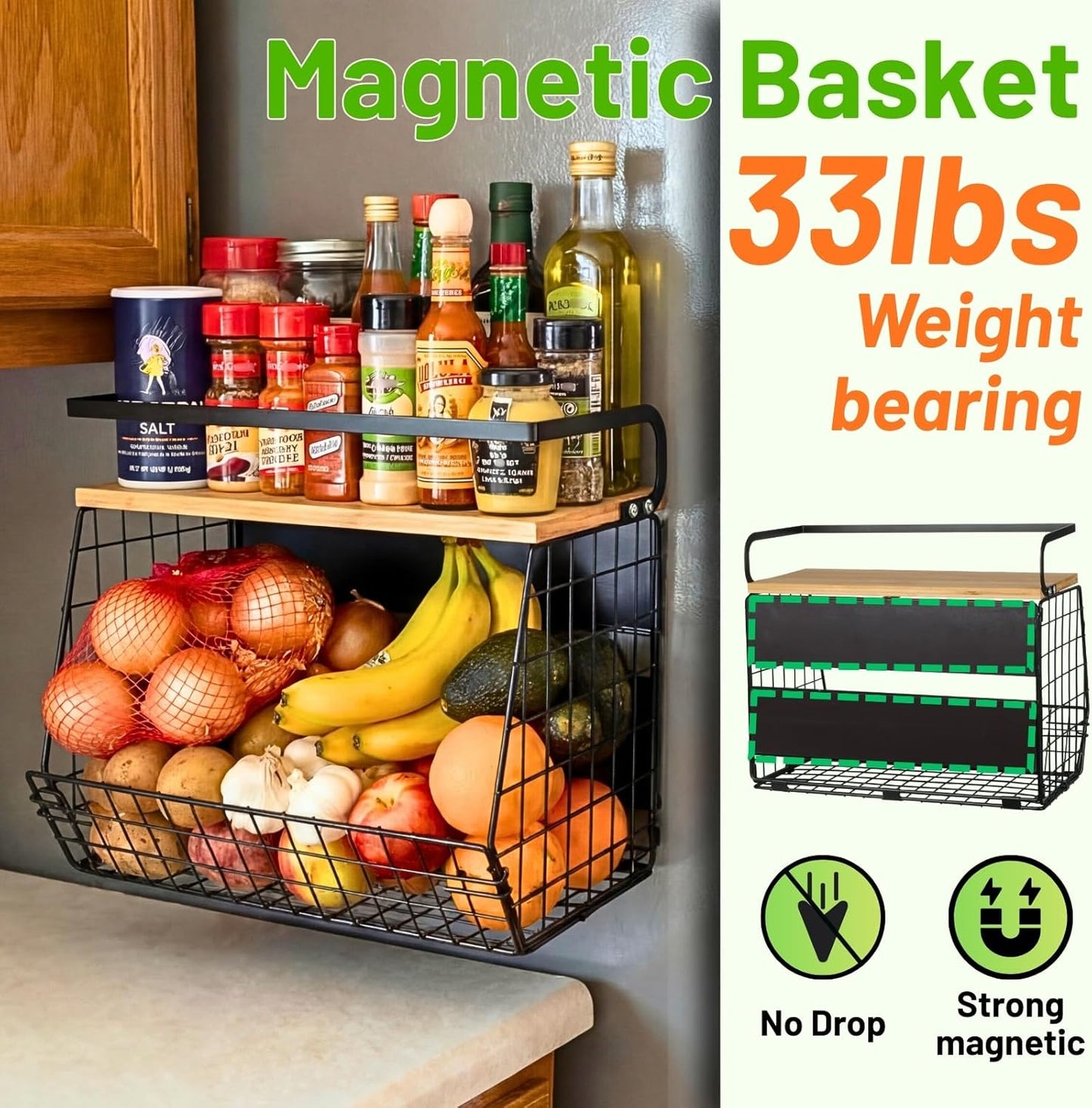 Magnetic Shelf for Fridge with Wood Lid, Fruit Potato and Onion Storage Bins