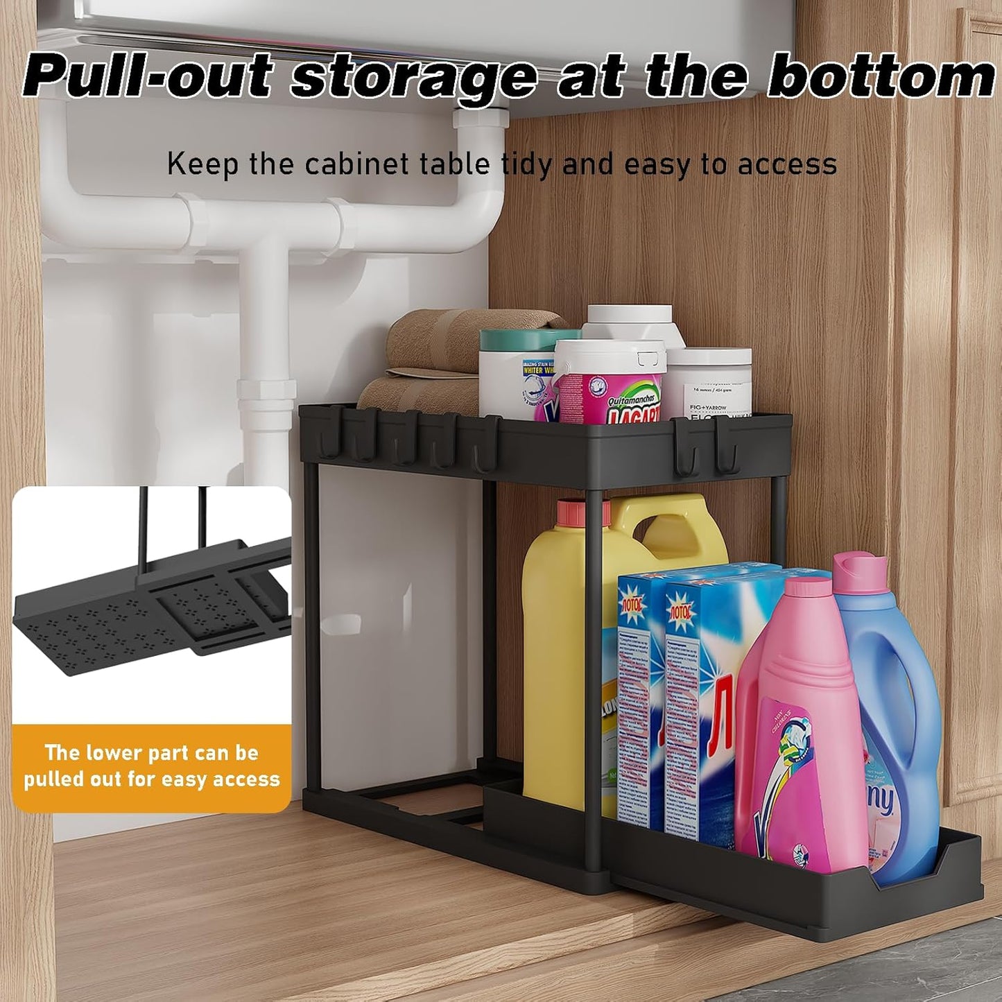 Under Sink Organizer 2 Pack,Bathroom Under Cabinet Storage with Pull Out Sliding Drawers for Kitchen Organization,12.8 Inch,Black