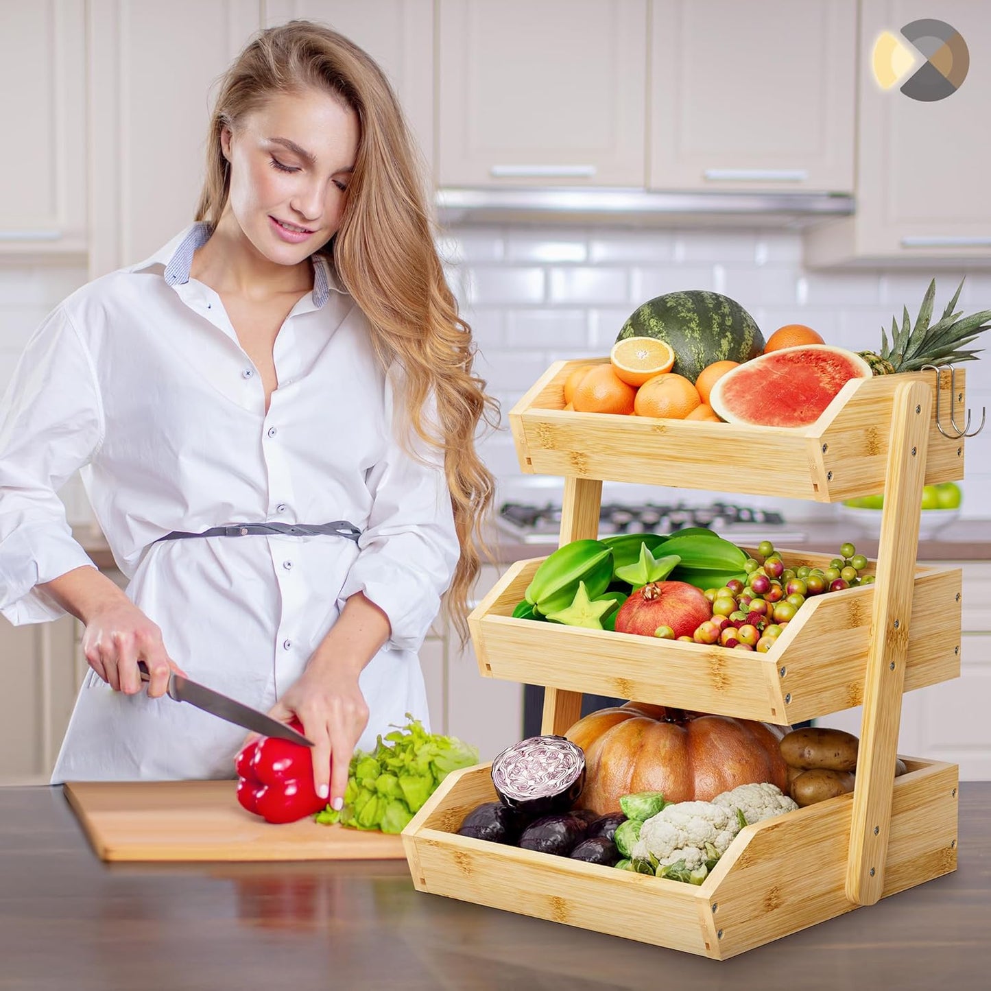 Bamboo 3 Tier Fruit Basket For Counter, Large Capacity Fruit Storage Countertop, Fruit Holder