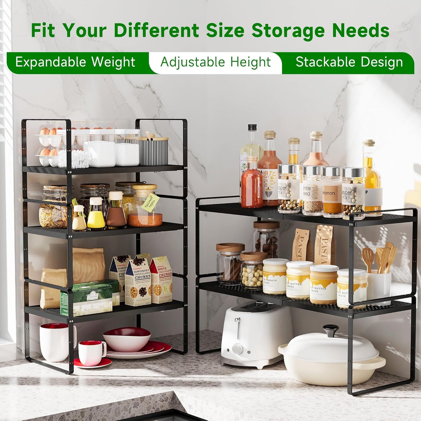 Expandable Kitchen Cabinet Shelf Organizer Rack Heavy Duty Metal Spice Rack Stackable Kitchen Counter Storage Shelf for Kitchen Cabinet Pantry Bathroom (Black - 16.5"-27" L x 10.2" W x 9.6" H - 1Pack)