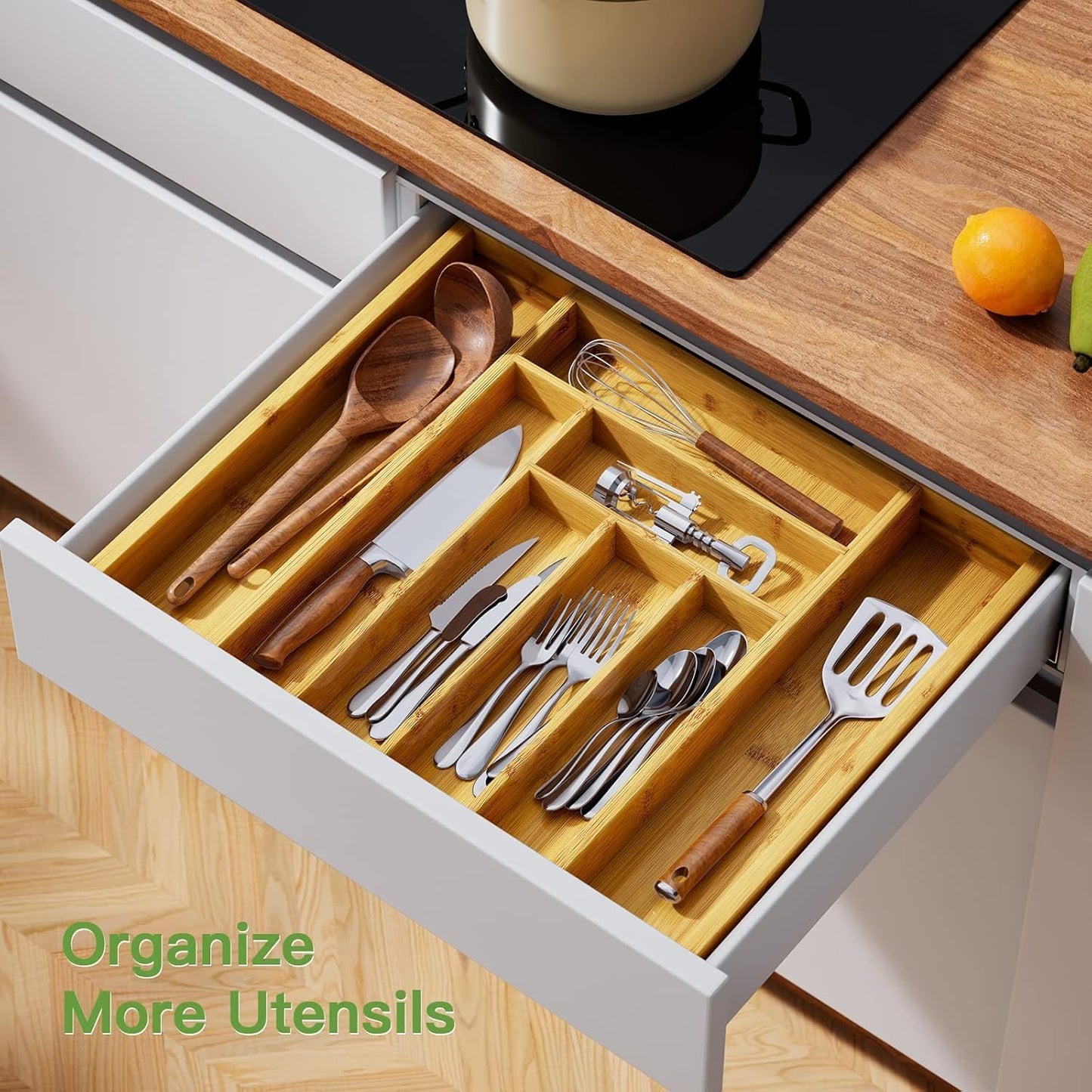Bamboo Expandable Silverware Drawer Organizer, Adjustable Kitchen Utensil Tray for Forks