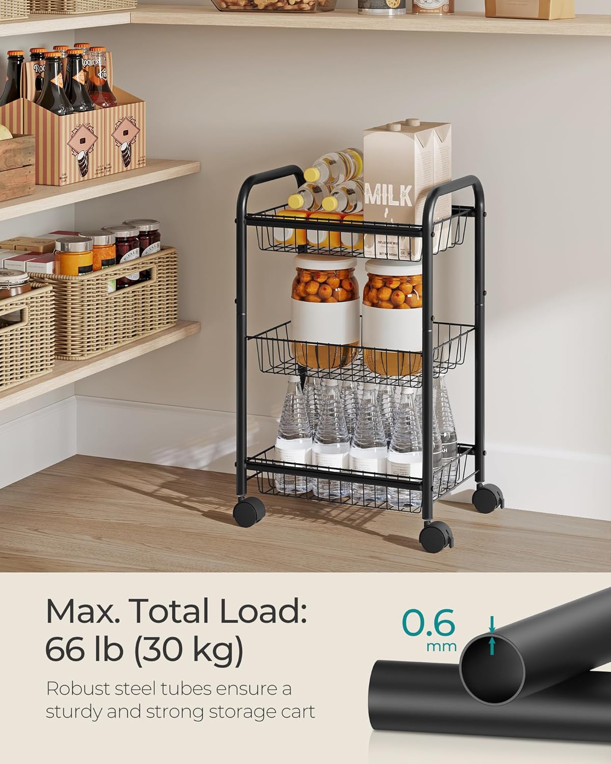 3-Tier Metal Rolling Cart on Wheels with Baskets