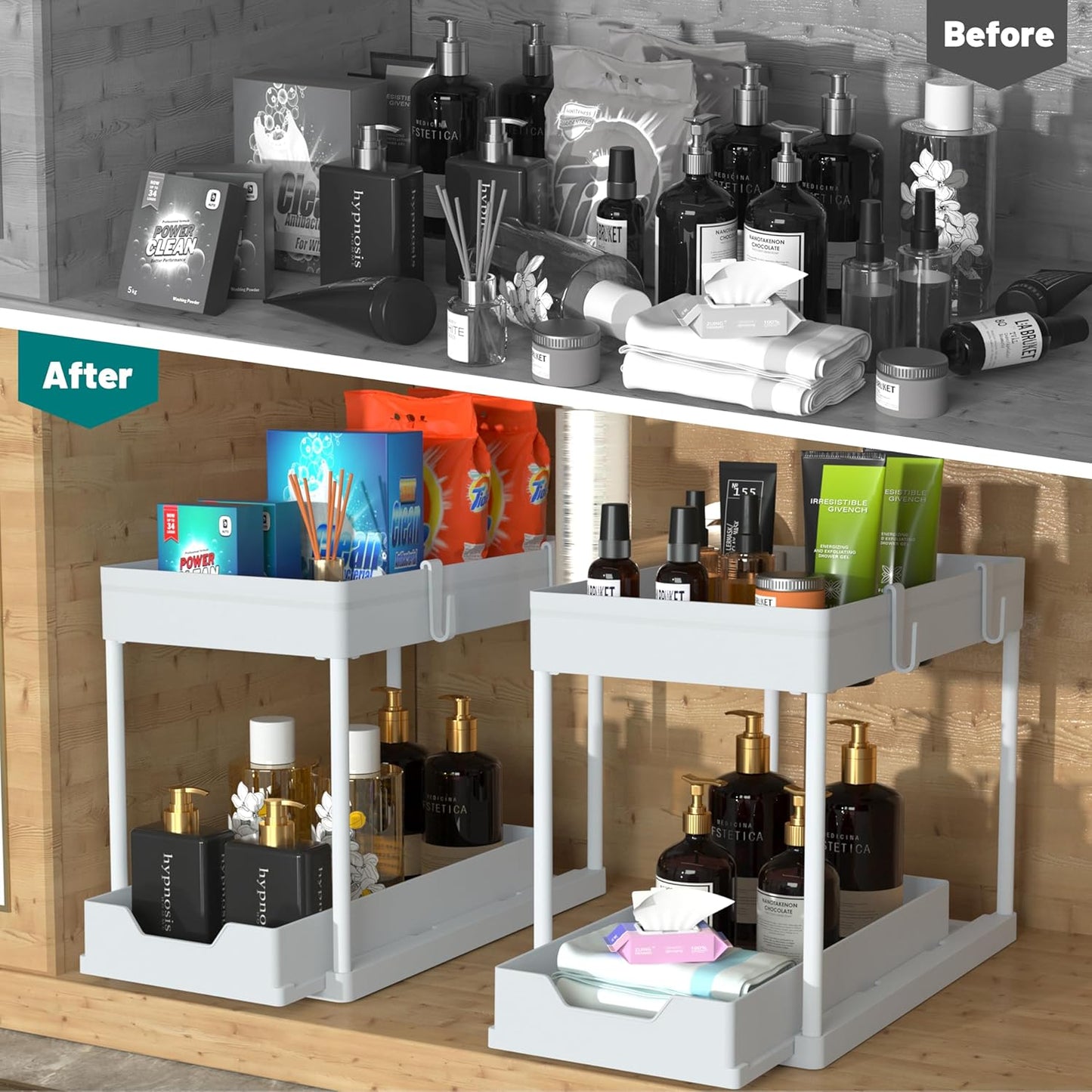 Cabinet, 2 Pack Under Sink Organizer, 2 Tier Sliding Bathroom Kitchen Organizer