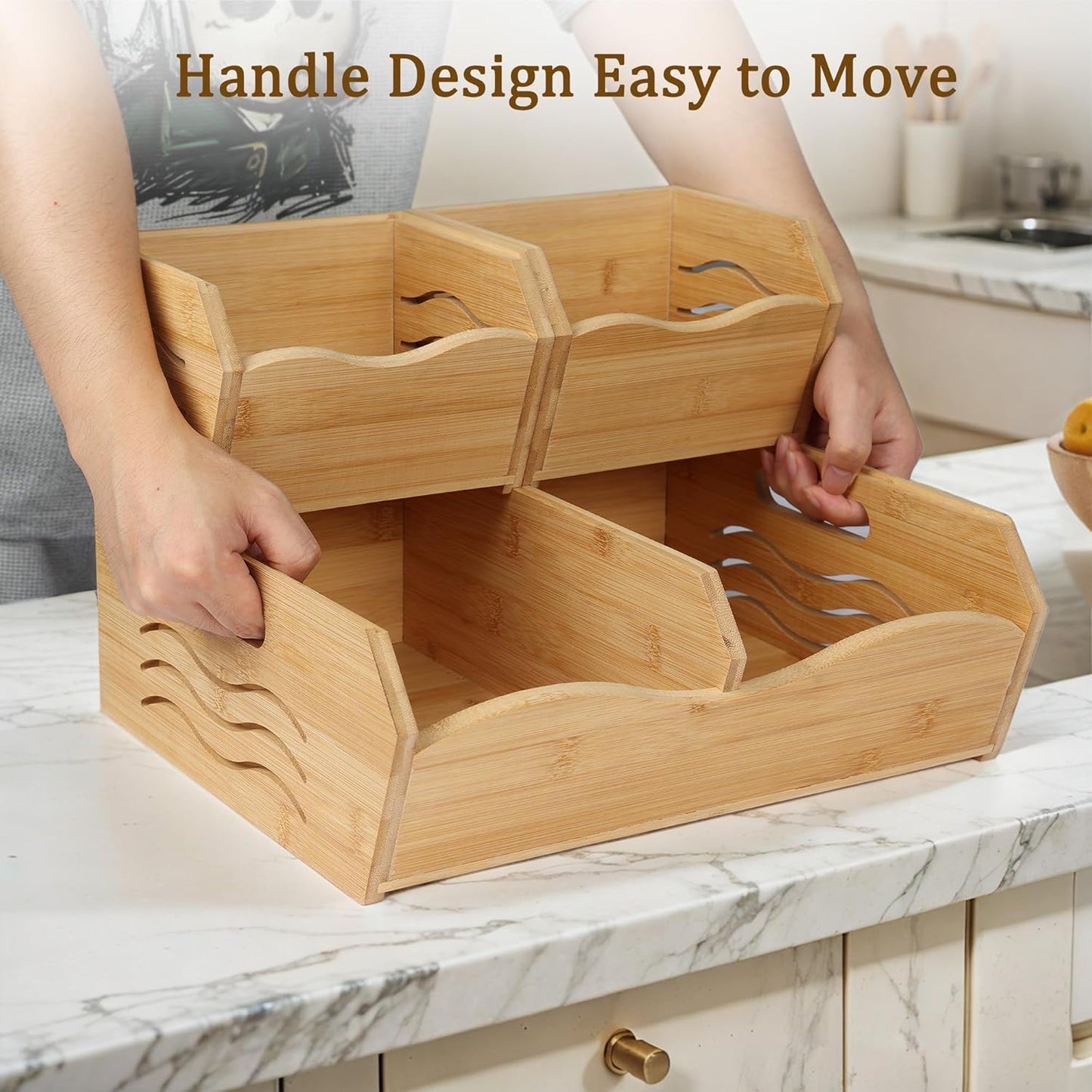 3 Pieces Bamboo Pantry Storage Bins, Stackable Pantry Baskets with Handle
