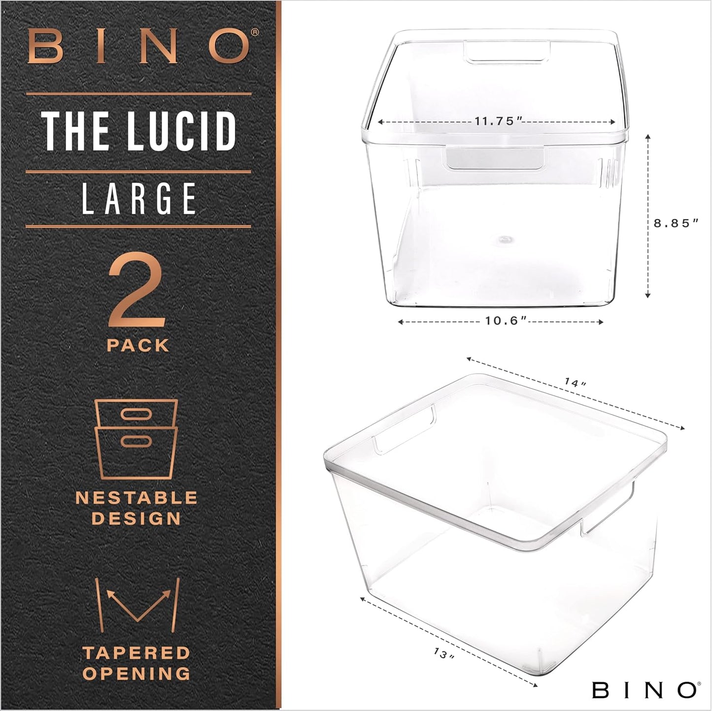 Plastic Bins, Large - 2 Pack | THE LUCID COLLECTION | Multi-Use| Built-In Handles | BPA-Free | Clear Storage Containers | Fridge Organizer | Pantry & Home Organization