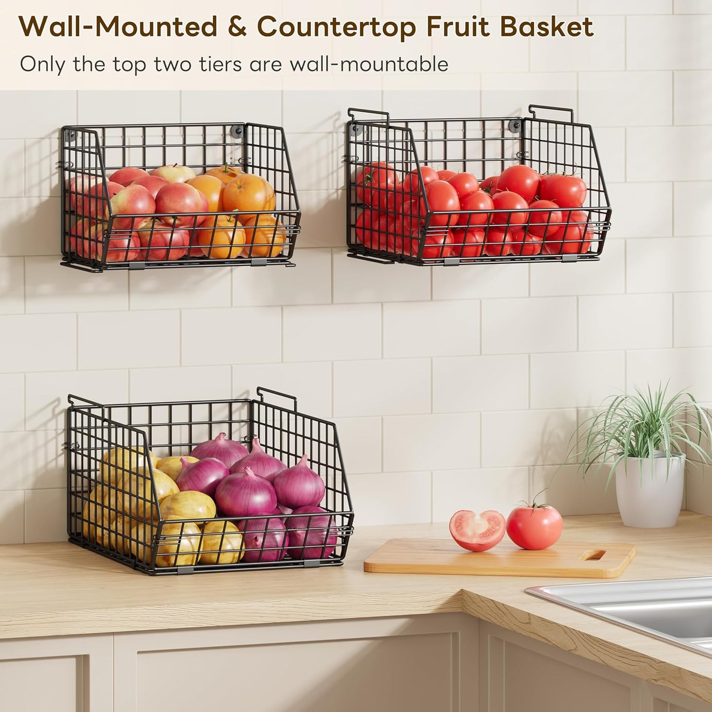 3-Tier Stackable Wire Baskets for Counter, Fruit and Vegetable Storage