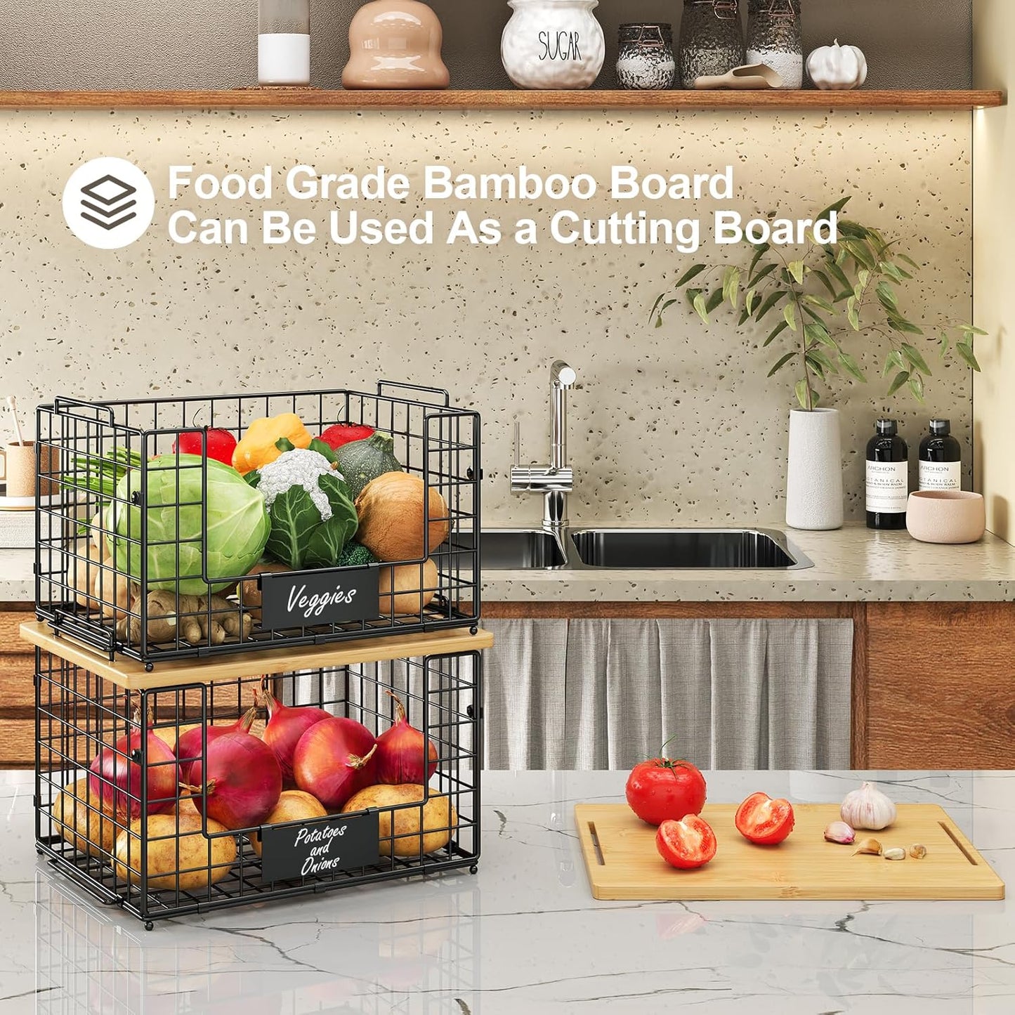 2 Pack Stackable Wire Baskets with Bamboo Top for Pantry Organizers and Storage