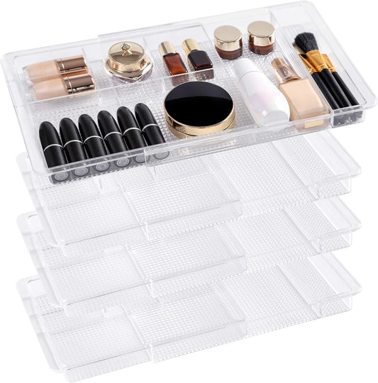 Expandable Drawer Organizer 11.1” to 19.2” Width, Shallow Cosmetic Organizer 1.3” Height, 4 Packs