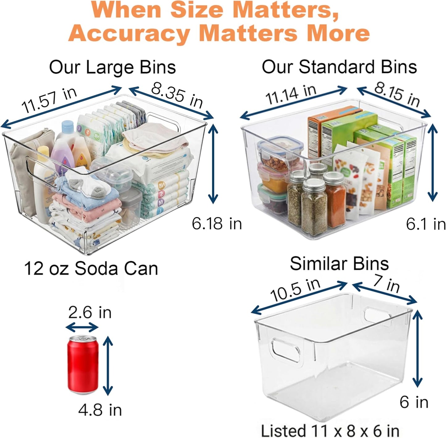8 Pack Clear Plastic Storage Bins, 12 x 8 x 6in Stackable Pantry Organizer Cabinet Containers for Under-Sink Storage, Kitchen, Fridge, Bathroom and Home Organization