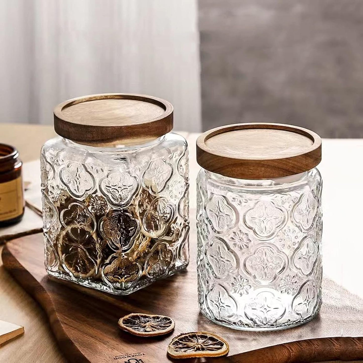 Vintage Glass Airtight Storage Jar Set of 2, With Airtight Wood Lid