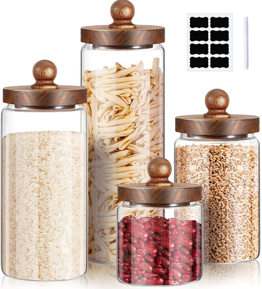 Glass Storage Jars Set of 4, Clear Food Storage Containers with Wooden Lids Airtight Kitchen Canisters with Sticker and Chalk for Candy Cookie Rice Sugar Flour Pasta Nuts Beans Spice, 4 Sizes