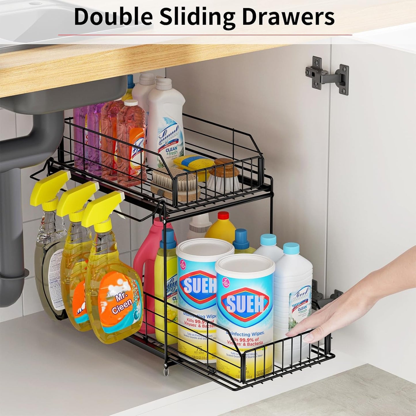 Under Sink Organizer, 2 Tier Bathroom Cabinet Organizer Metal Kitchen Sink Organzier with Hanging Rail for Kitchen Bathroom Organization and Storage, 1 Pack