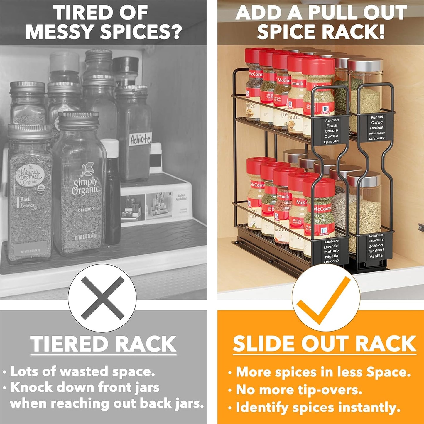Pull Out Spice Rack Organizer for Cabinet, Heavy Duty Slide Out Seasoning Kitchen Organizer