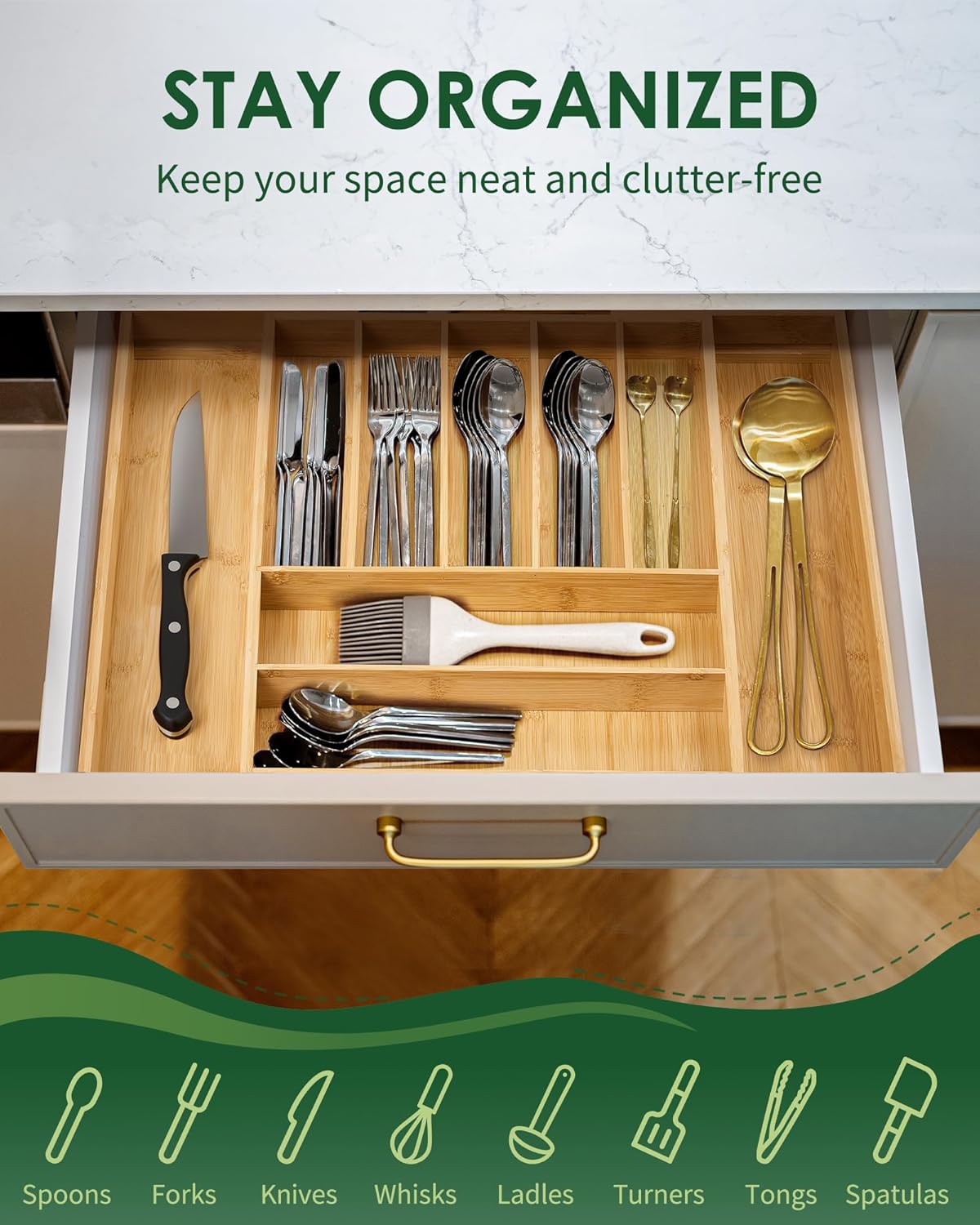Premium Bamboo Expandable Drawer Organizer