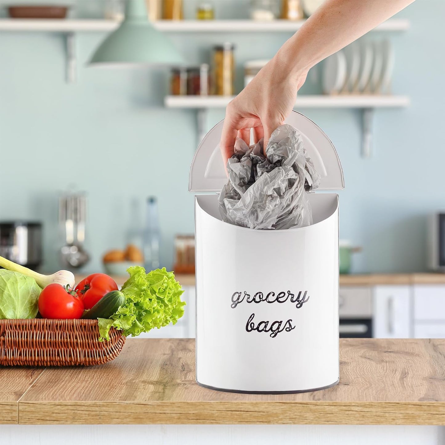 Rustic Grocery Bag Holder; Wall-Mounted Vintage Enamelware Farmhouse Style Plastic Bag Dispenser for Kitchen or Laundry Room