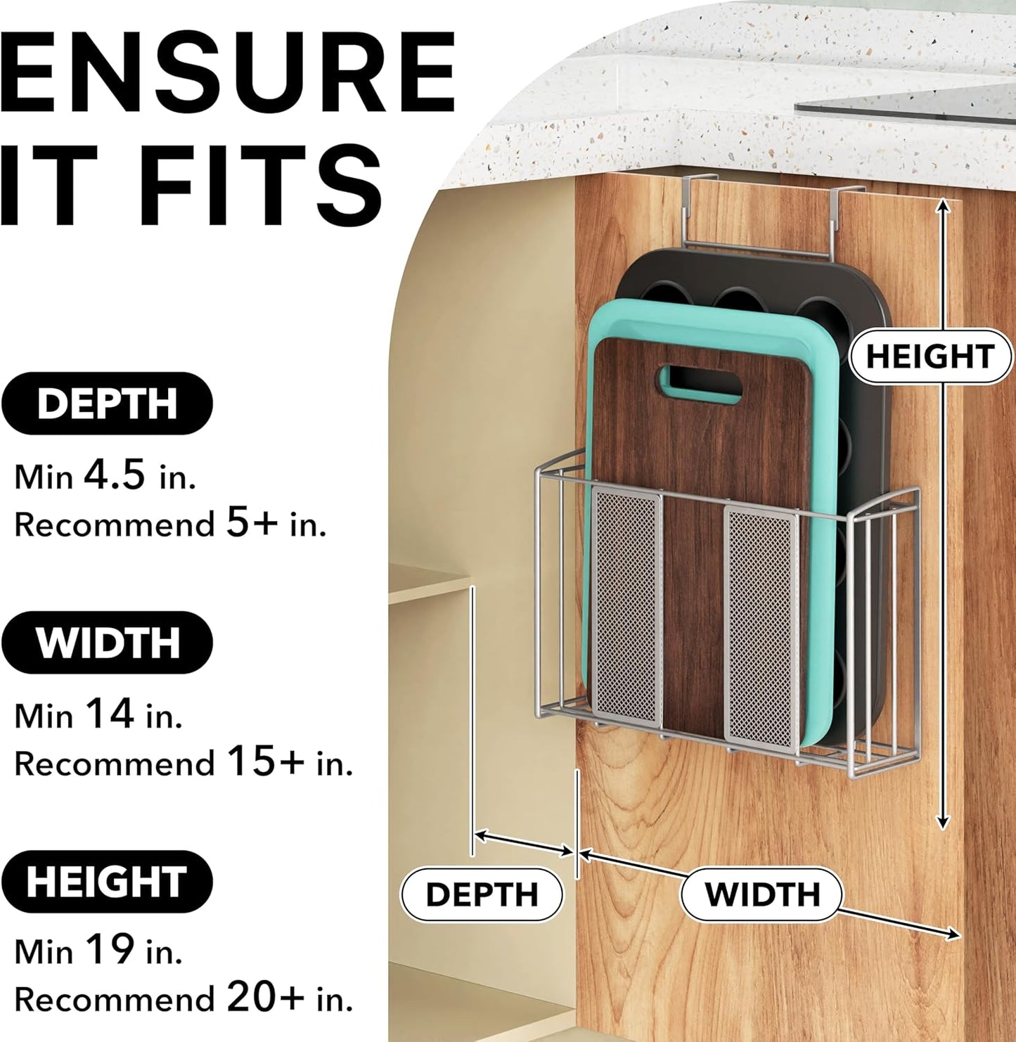 Over Cabinet Door Organizer, 12.5"Wx3.75"Dx18"H, Mesh Silver