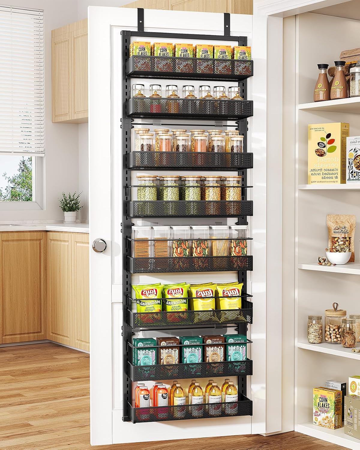 8 Tiers Over the Door Organizer - Height Adjustable Pantry Organizers and Storage with Dense Mesh Baskets, Anti-Swing Hanging Door Spice Rack for Kitchen Bathroom (Black, 17" W x 6" D x 69" H)