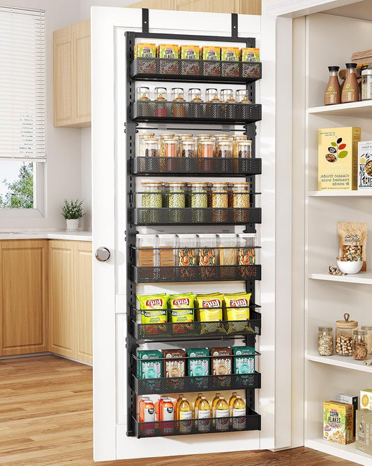 8 Tiers Over the Door Organizer - Height Adjustable Pantry Organizers and Storage with Dense Mesh Baskets, Anti-Swing Hanging Door Spice Rack for Kitchen Bathroom (Black, 17" W x 6" D x 69" H)
