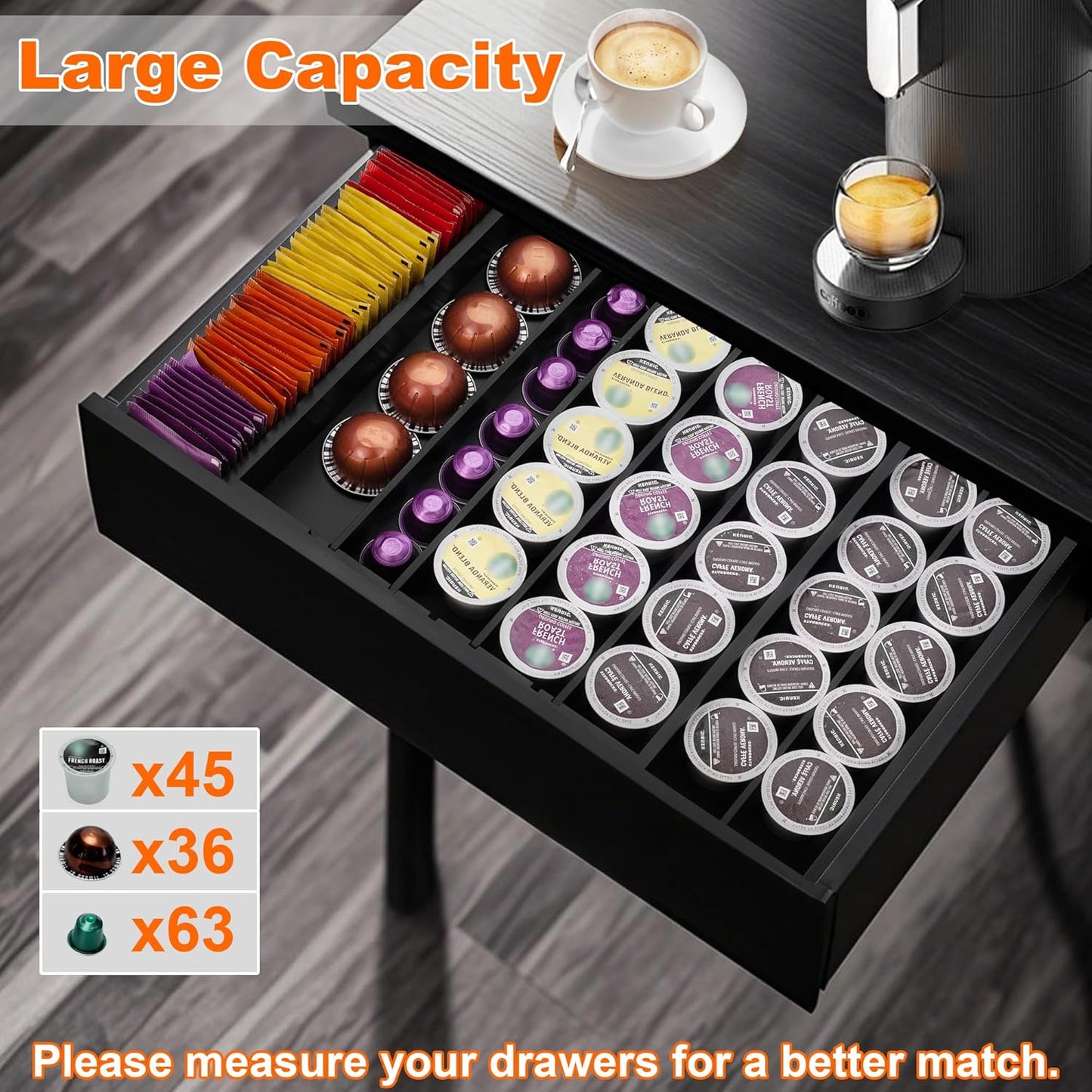 Bamboo Drawer Organizer - Expandable K Cup & Pods Holder, Coffee Pod Storage, Tea Organizer