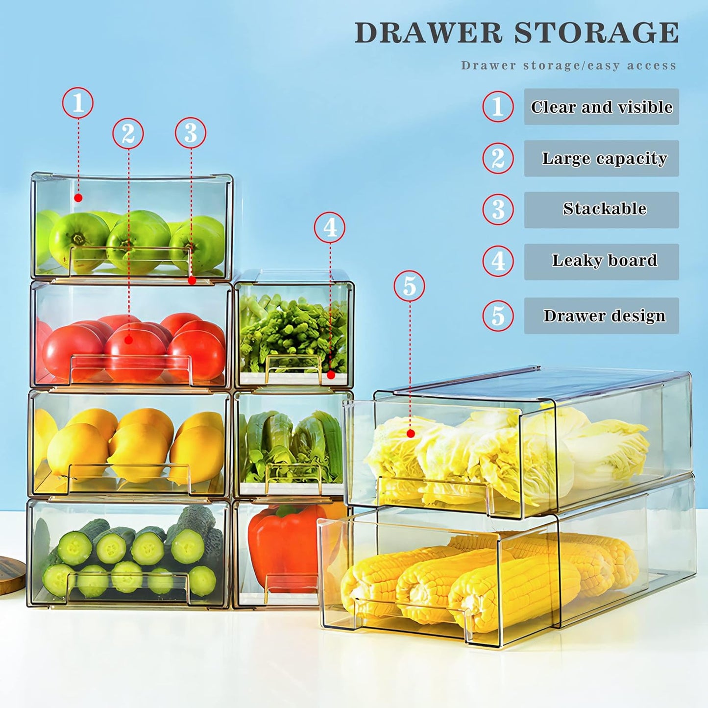 2Pack Clear Fridge Drawers Pull Out Stackable Refrigerator Drawer Organizer Bins Pantry Storage Box Plastic Food Containers for Kitchen Bathroom Office Closet (2pack-Large)