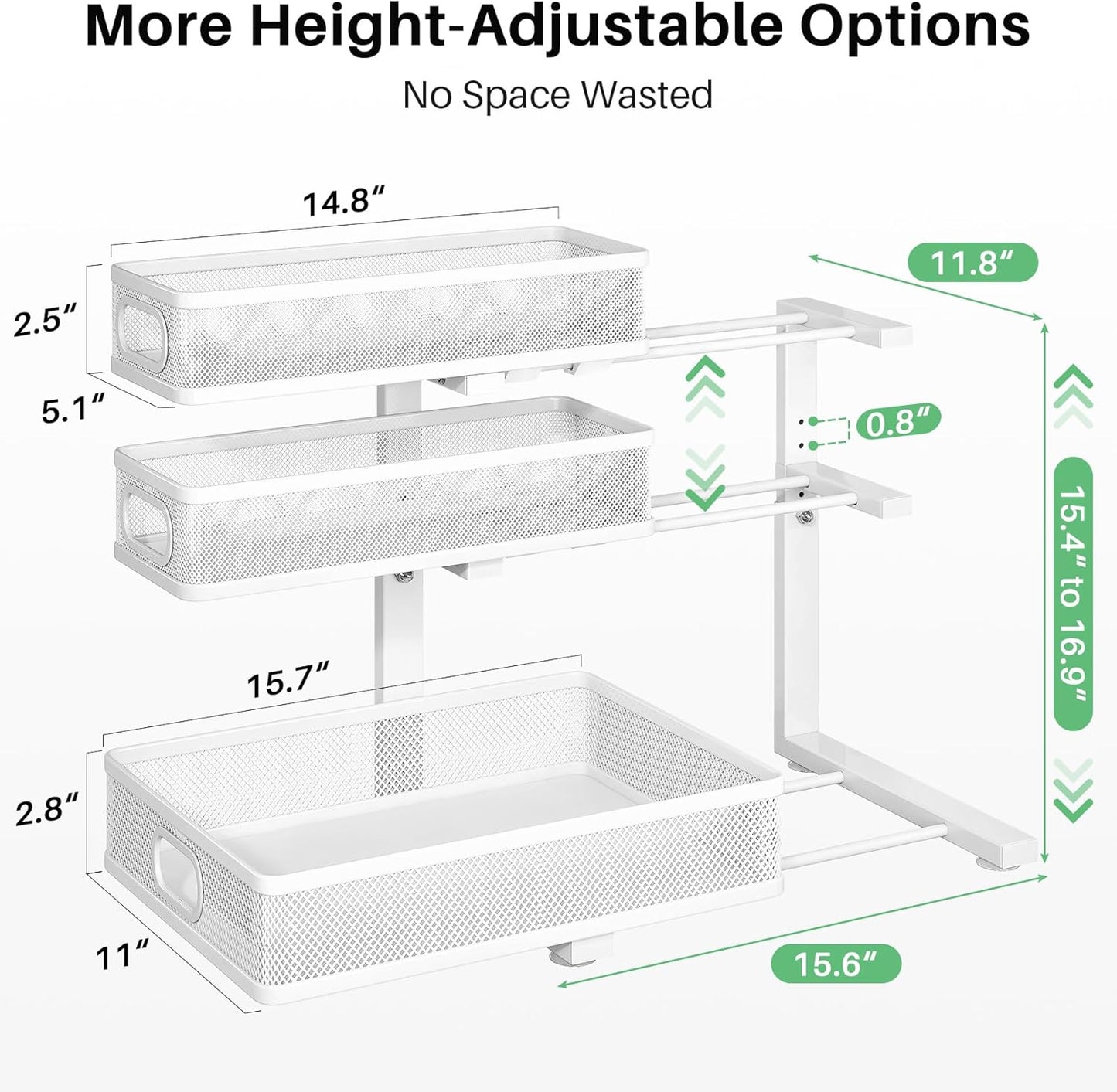 Under Sink Organizer, 2-Pack 3-Tier Height Adjustable Thickened Metal Pull out Cabinet Organizer Shelf, Slide out Storage Drawer Rack for Bathroom Kitchen Pantry Home Laundry Organization