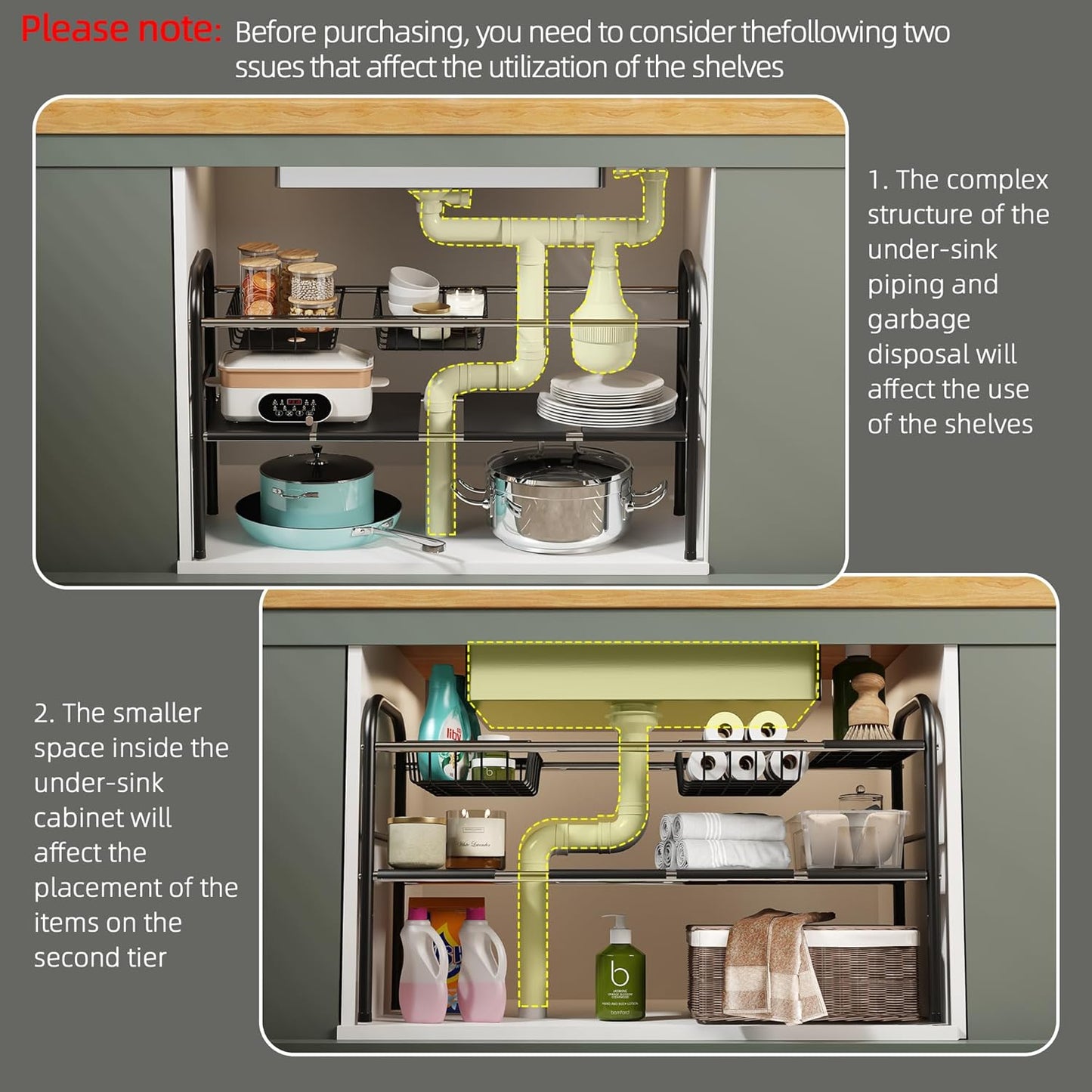 Under Sink Organizers and Storage, 2 Tier Expandable Under Cabinet Organizer Shelf with 2 Baskets and 6 Panels, Expandable Shelf for Cupboard, Kitchen, Bathroom, Shoe Storage Rack