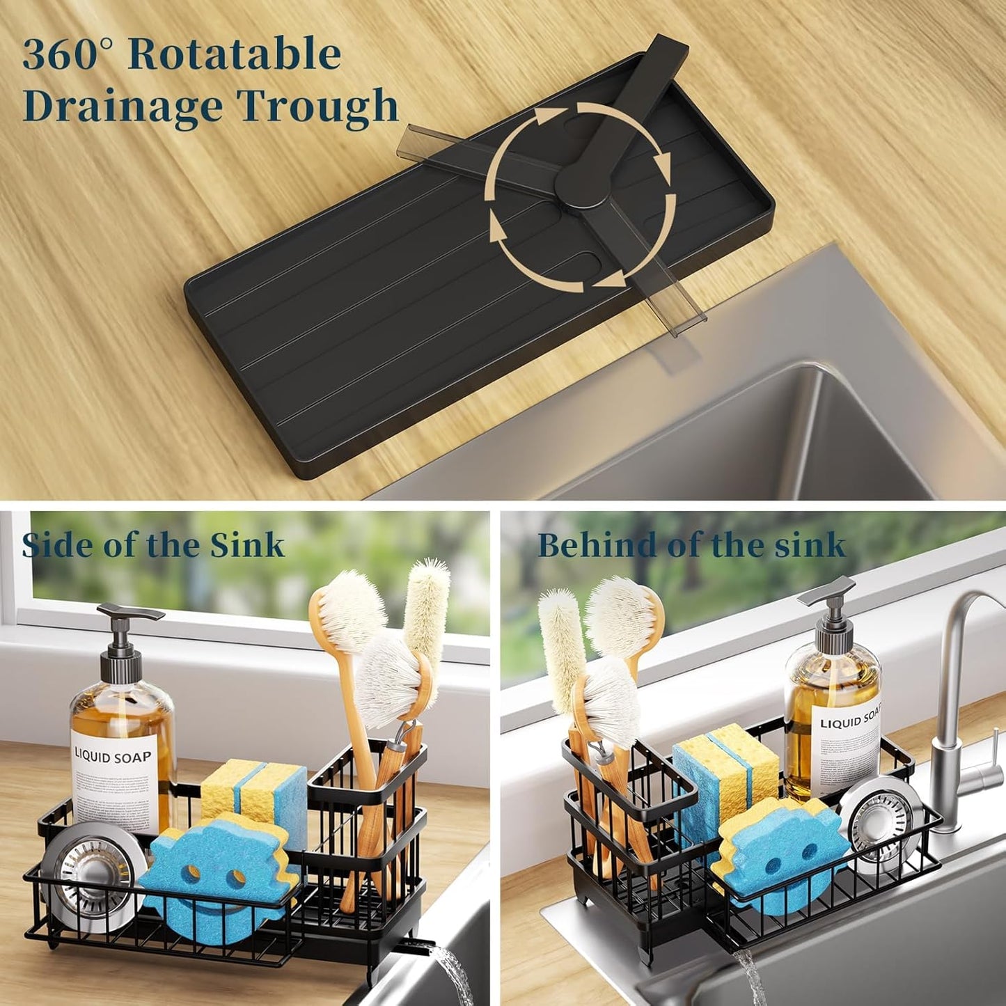 Sponge Holder for Kitchen Sink - Auto Draining Sink Caddy Organizer with Detachable Rack