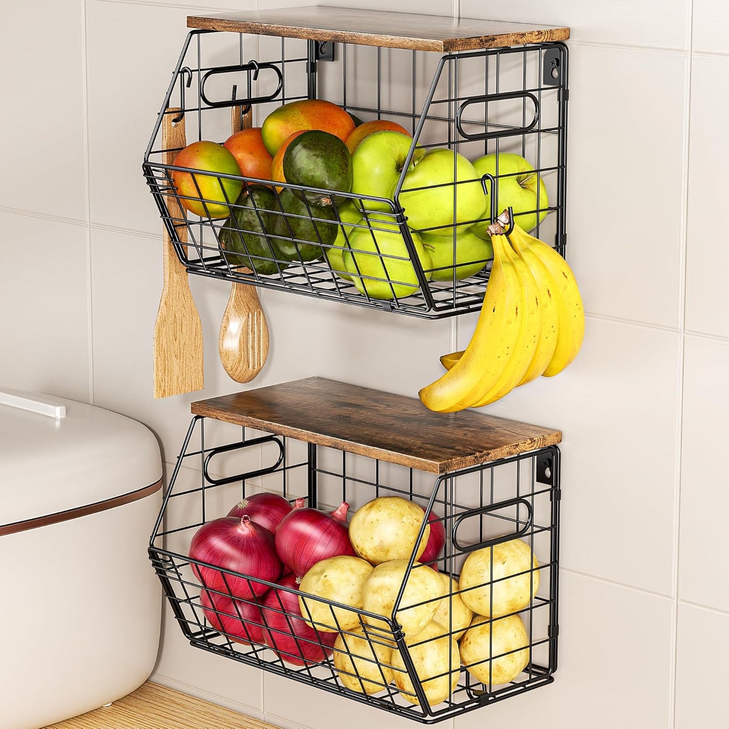 Stackable Metal Fruit Basket with Wood Lid 2 Pack, Hanging Wall Organizer for Kitchen Counter