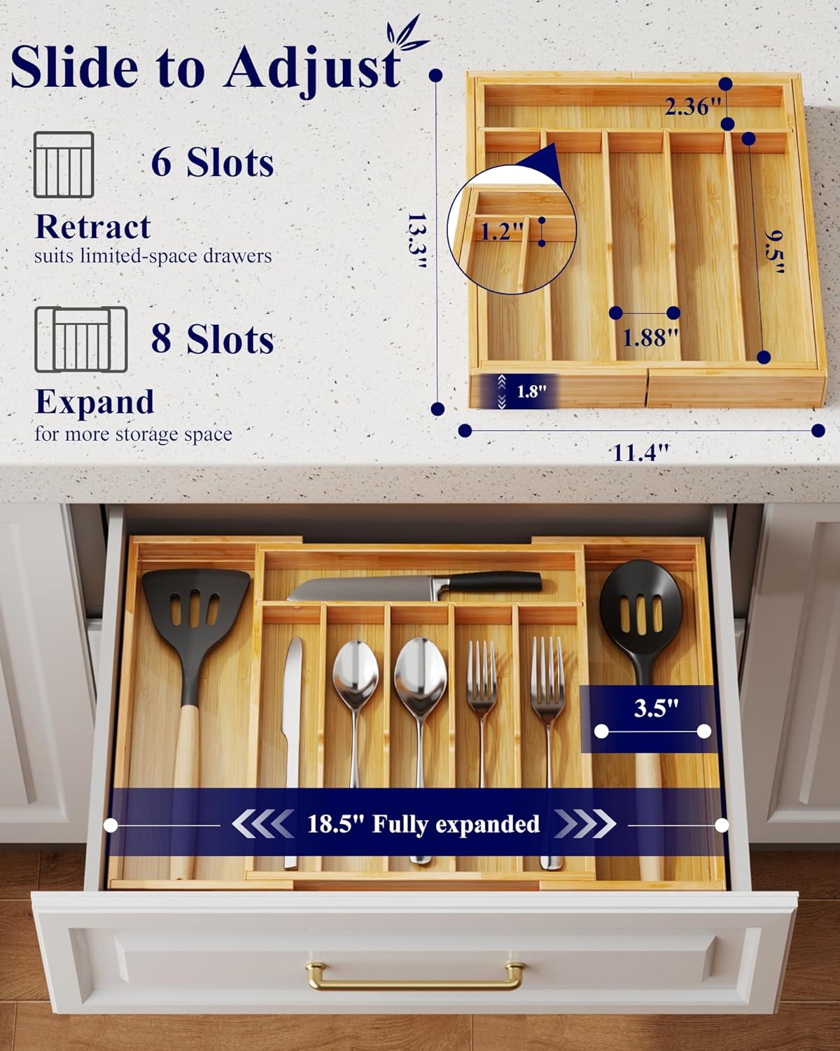 Silverware Organizer - Expandable Bamboo Kitchen Drawer Organizer for Cooking Utensils and Cutlery