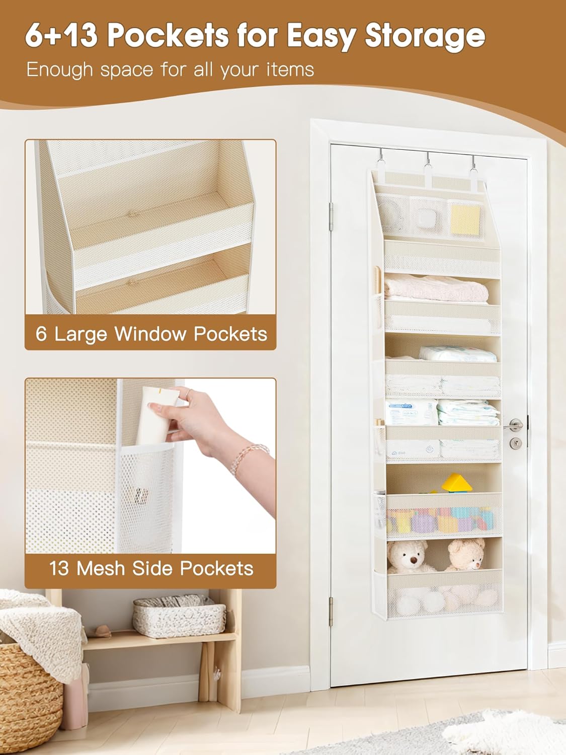 Over the Door Organizer, 6-Shelf Closet Hanging Storage with 13 Mesh Pockets