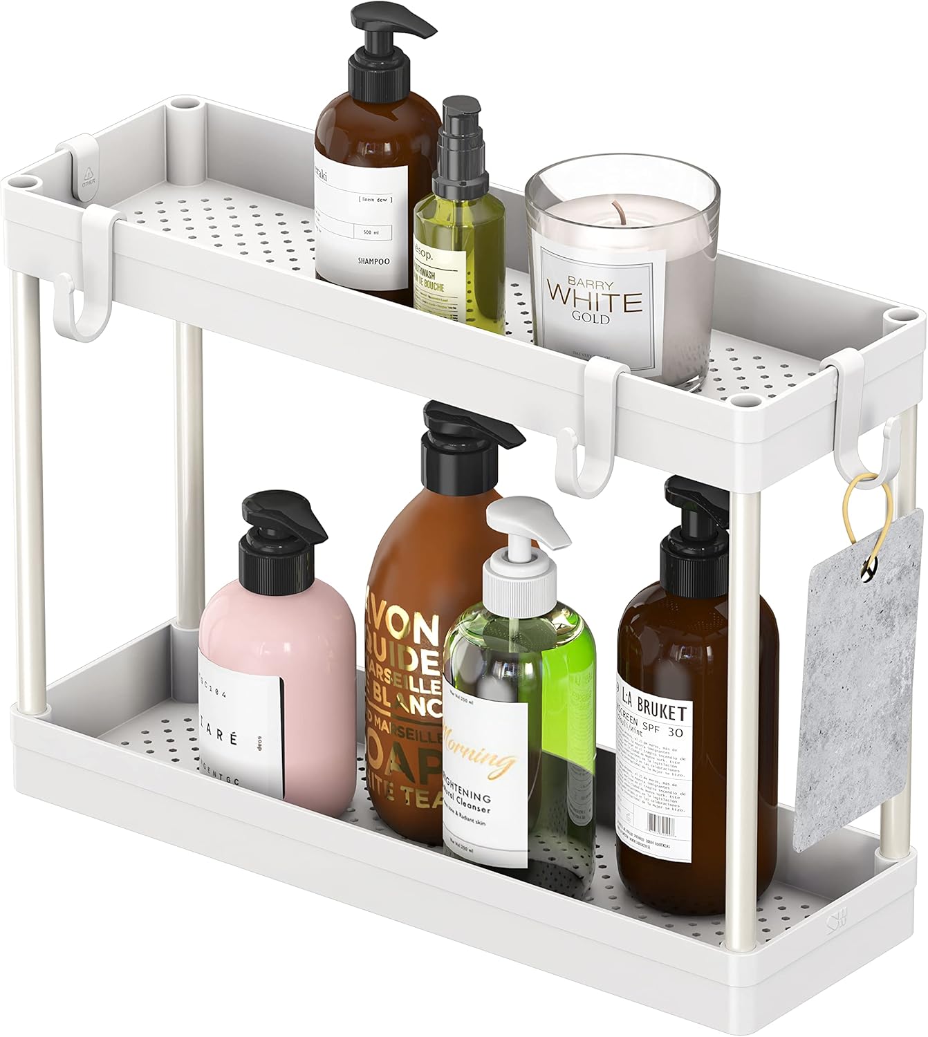 2-Tier Under Sink Organizer Storage Tray with Hooks, White