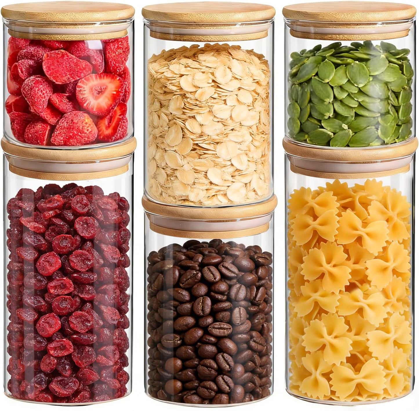 Glass Storage Containers with Lids (0.6qt/1qt/1.5qt) Set of 6,Glass Pantry Storage Containers with Airtight Lid & lables for Dry Food, Snacks, Nuts, Stackable for Kitchen, Pantry Organization