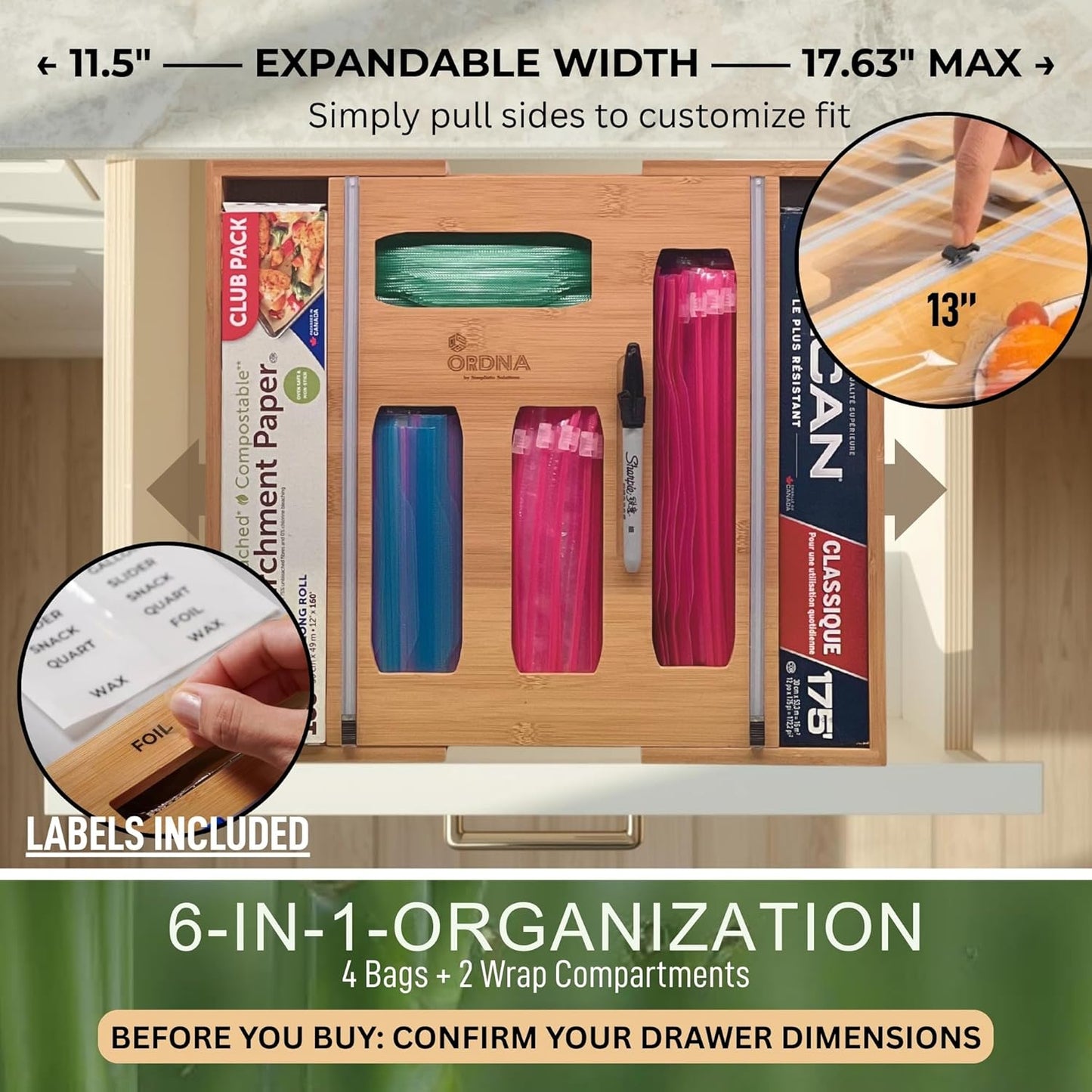 6 IN 1 Bamboo Baggie Organizer for Drawer with Labels