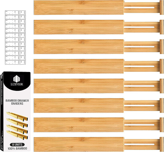 Expandable Bamboo Drawer Dividers 8 pack with labels(17"-22") Drawer Organizer for Kitchen